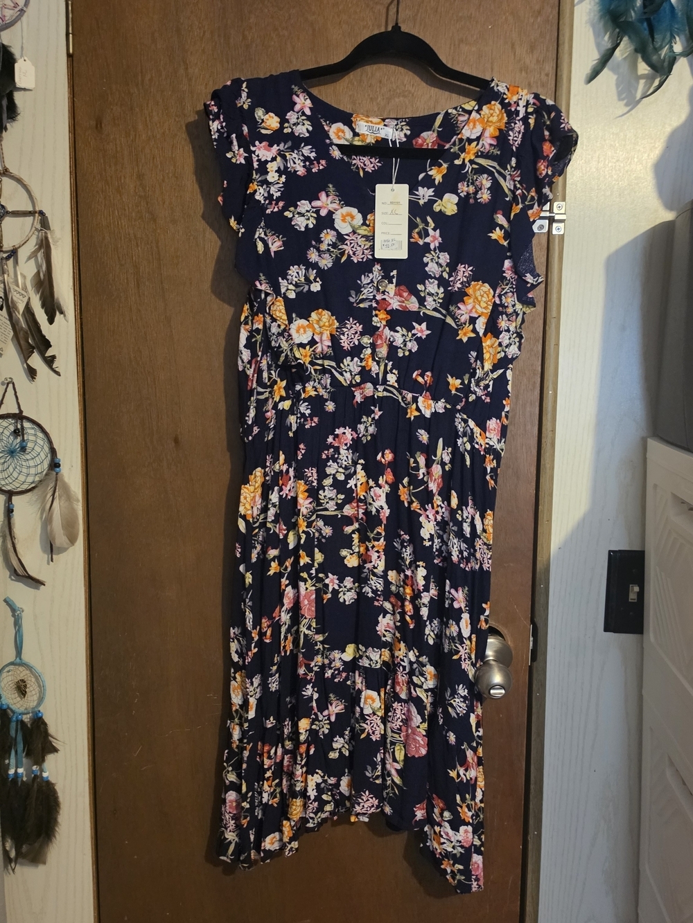 NWT Floral Navy Midi Dress with Pink & Yellow Blooms
